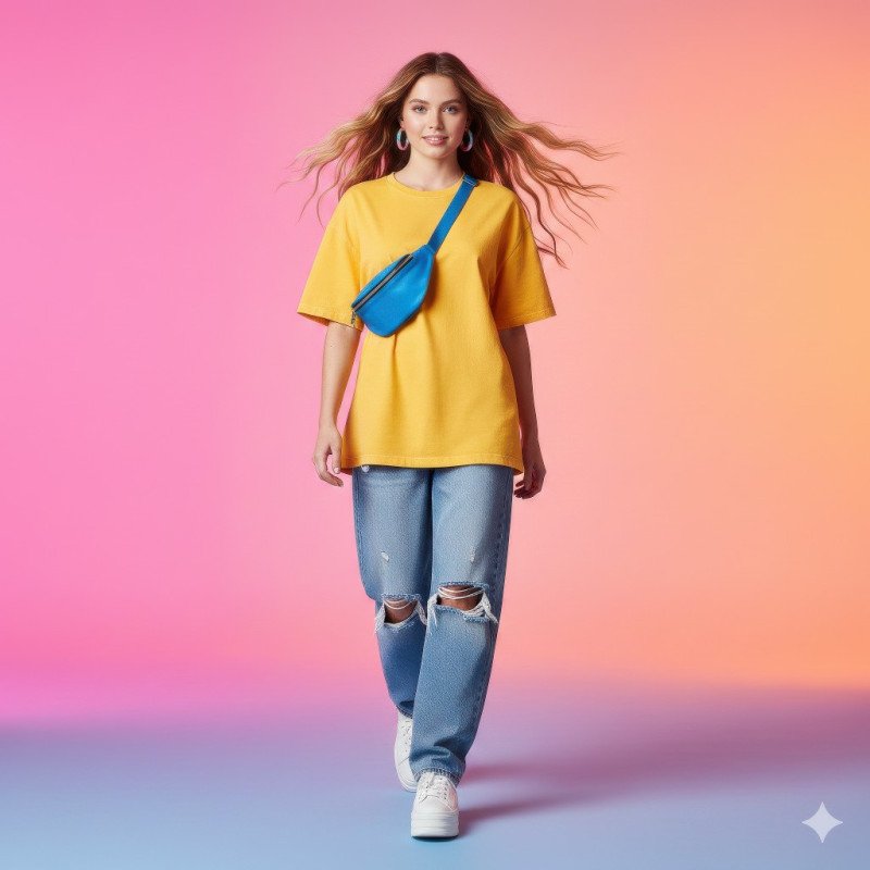 Caucasian girl in yellow oversized t shirt walking pose google gemini prompt for e commerce product shot