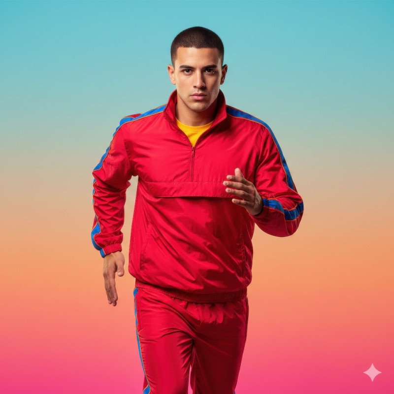 Latino man in red windbreaker running pose google gemini prompt for e commerce product shot
