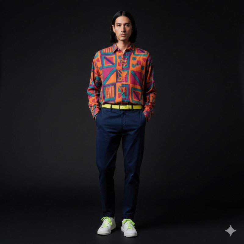 Hispanic man in navy tapered pants hands in pockets google gemini prompt for e commerce product shot