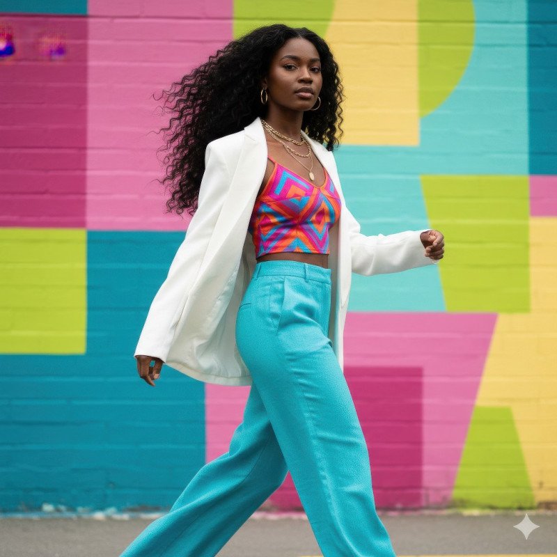 Black woman in turquoise wide leg pants mid walk google gemini prompt for e commerce product shot