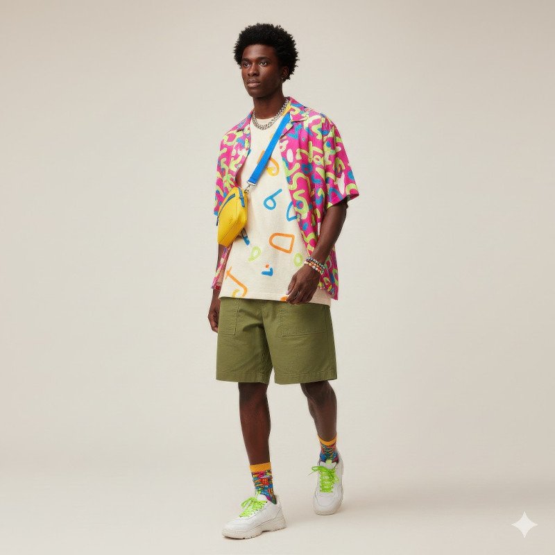 Black man in olive loose fit shorts walking pose google gemini prompt for e commerce product shot