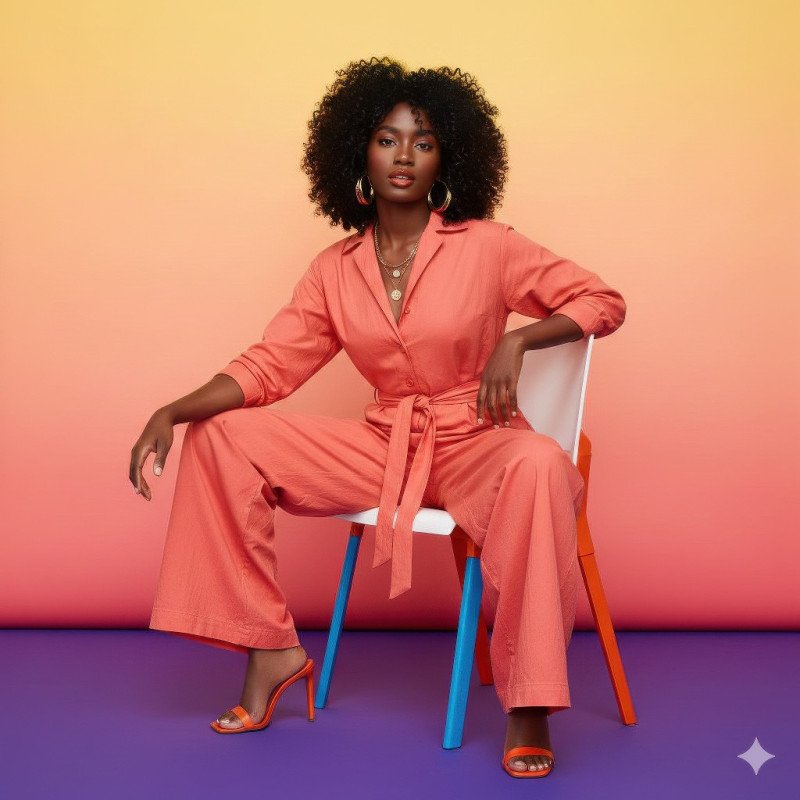 Black woman in coral cotton jumpsuit sitting pose google gemini prompt for e commerce product shot