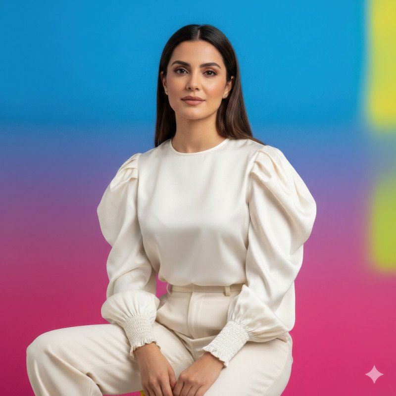 Middle eastern woman in white silk blouse sitting google gemini prompt for e commerce product shot