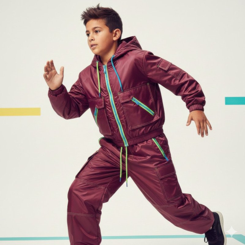 Hispanic boy in burgundy hoodie running pose google gemini prompt for e commerce product shot