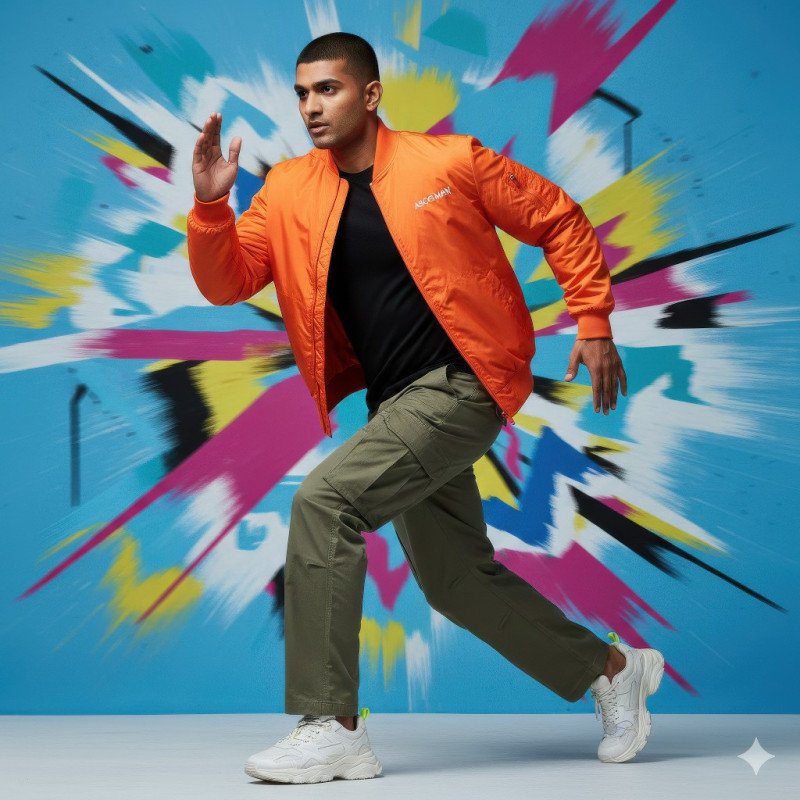 Indian man in orange bomber jacket running pose google gemini prompt for e commerce product shot