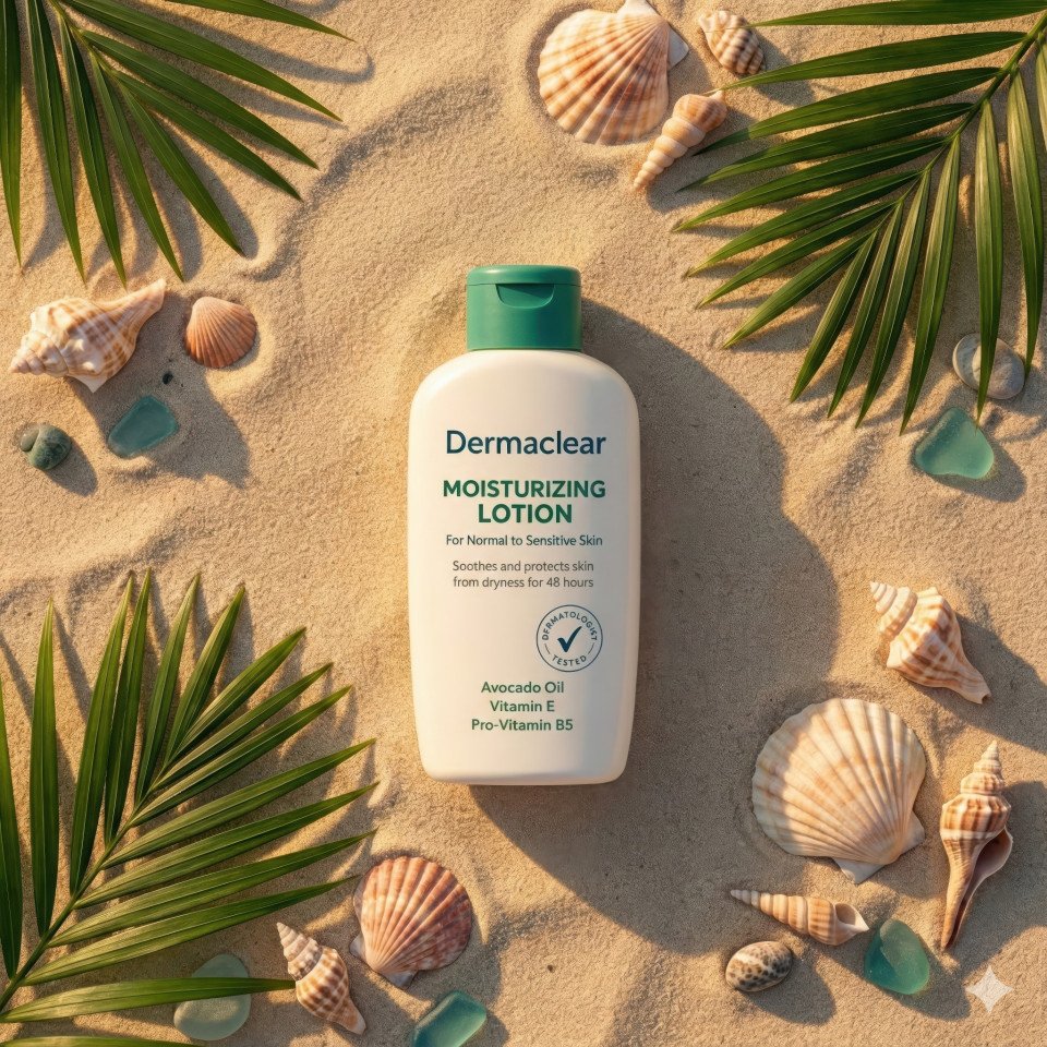 Beach inspired flat lay of skincare product with tropical elements