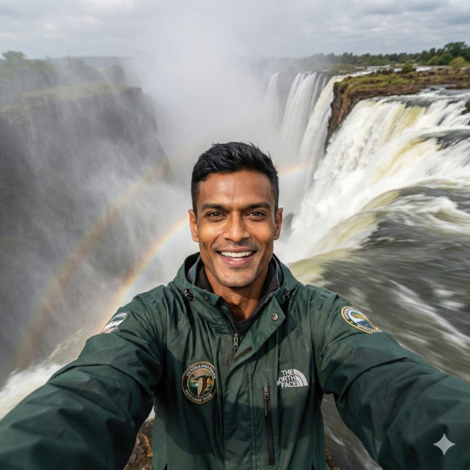 Adventure vlogger self portrait at victoria falls waterfall