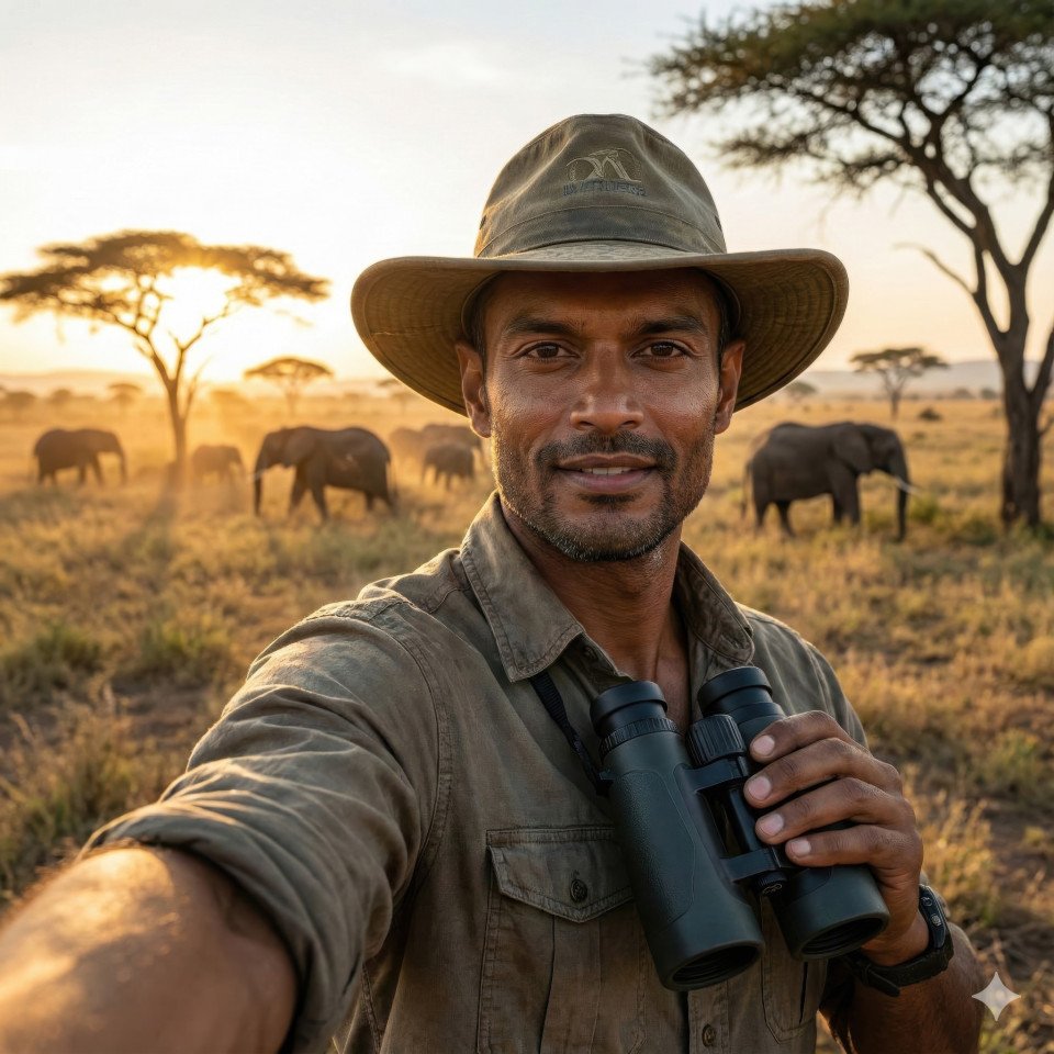 Wildlife traveler self portrait in serengeti savanna