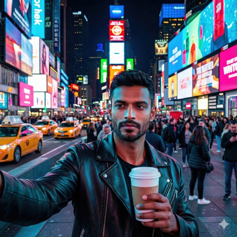 Urban explorer self portrait in neon times square at night
