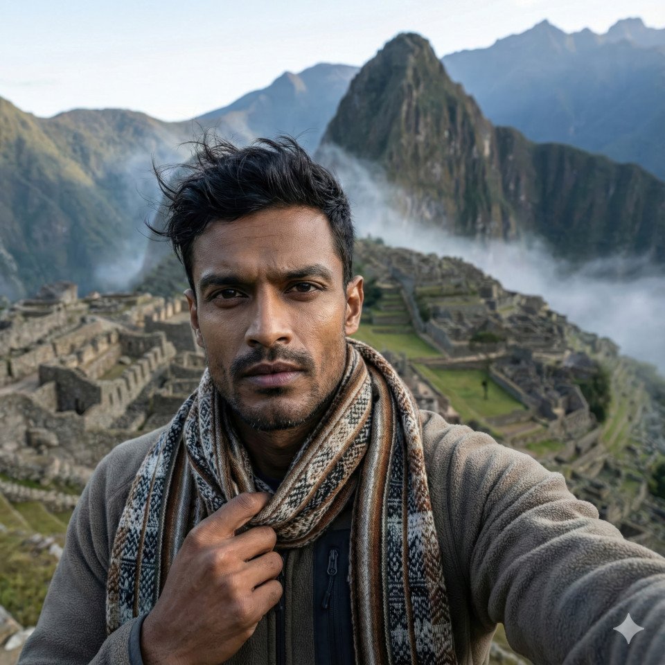 Adventure traveler self portrait at machu picchu ruins