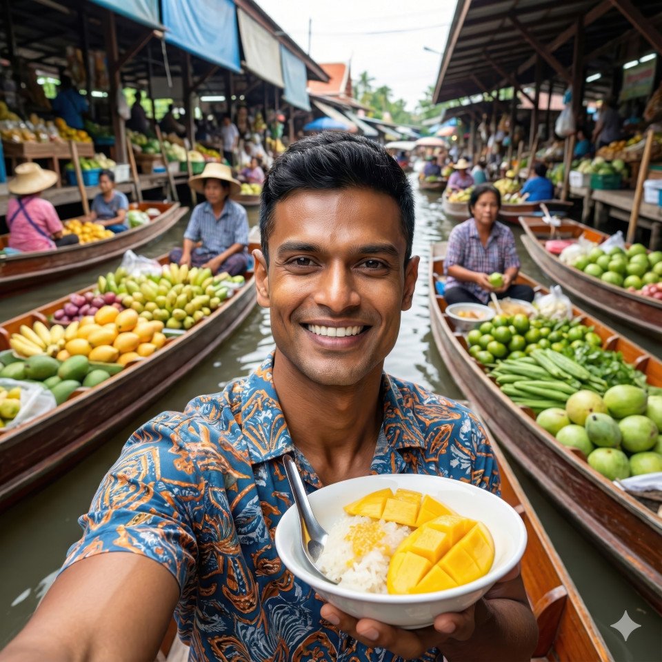 Street food lover self portrait at bangkok floating market