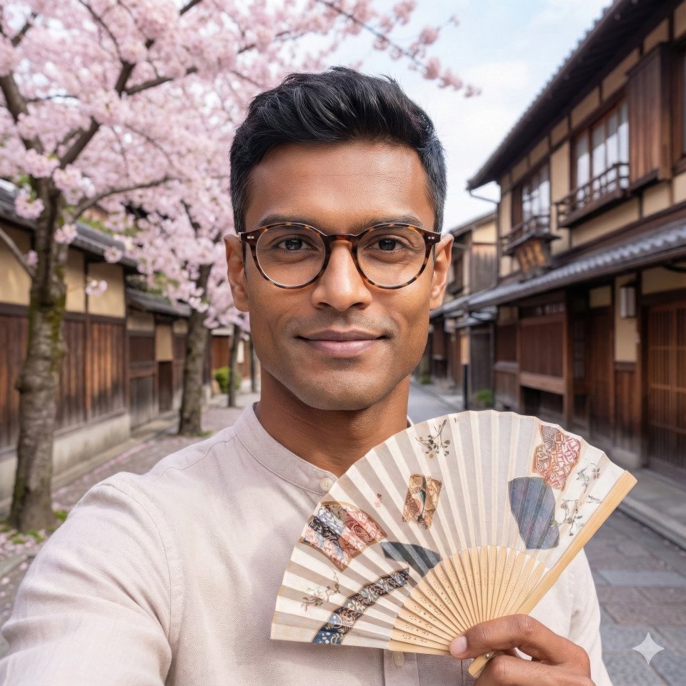Serene traveler self portrait in kyoto during cherry blossom season