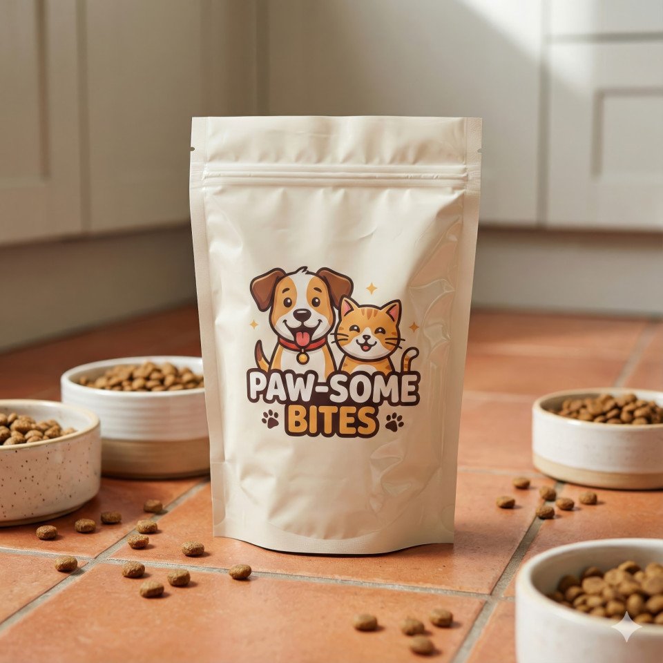 Playful pet food pouch in kitchen setting