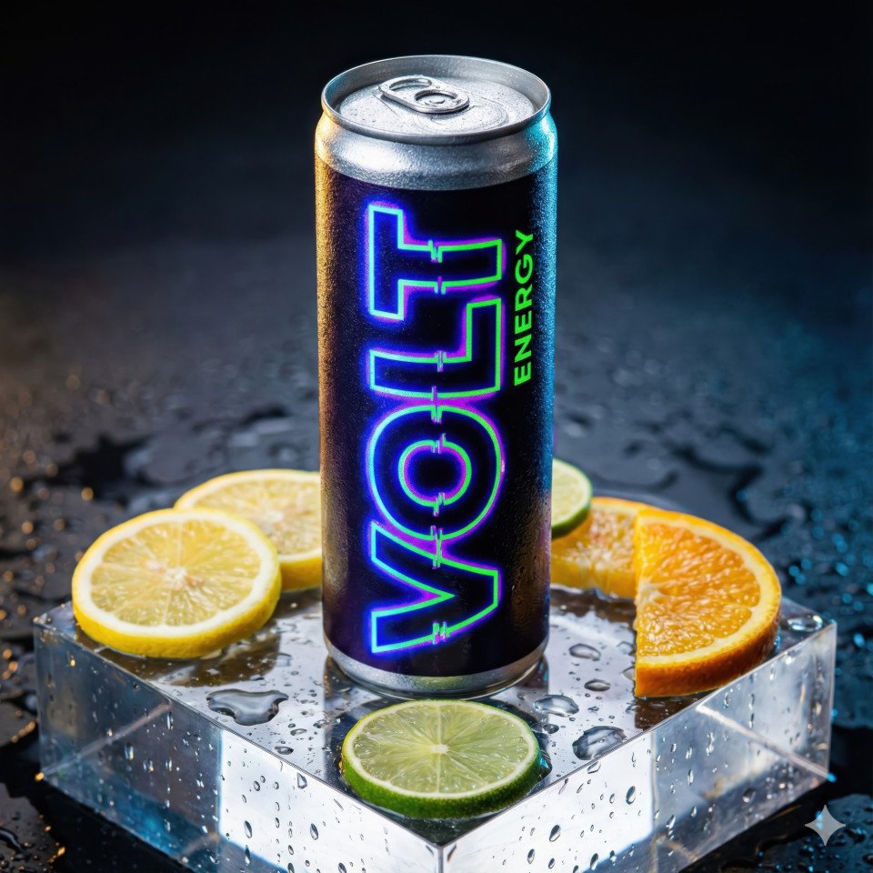 Neon energy drink can with citrus and water droplets