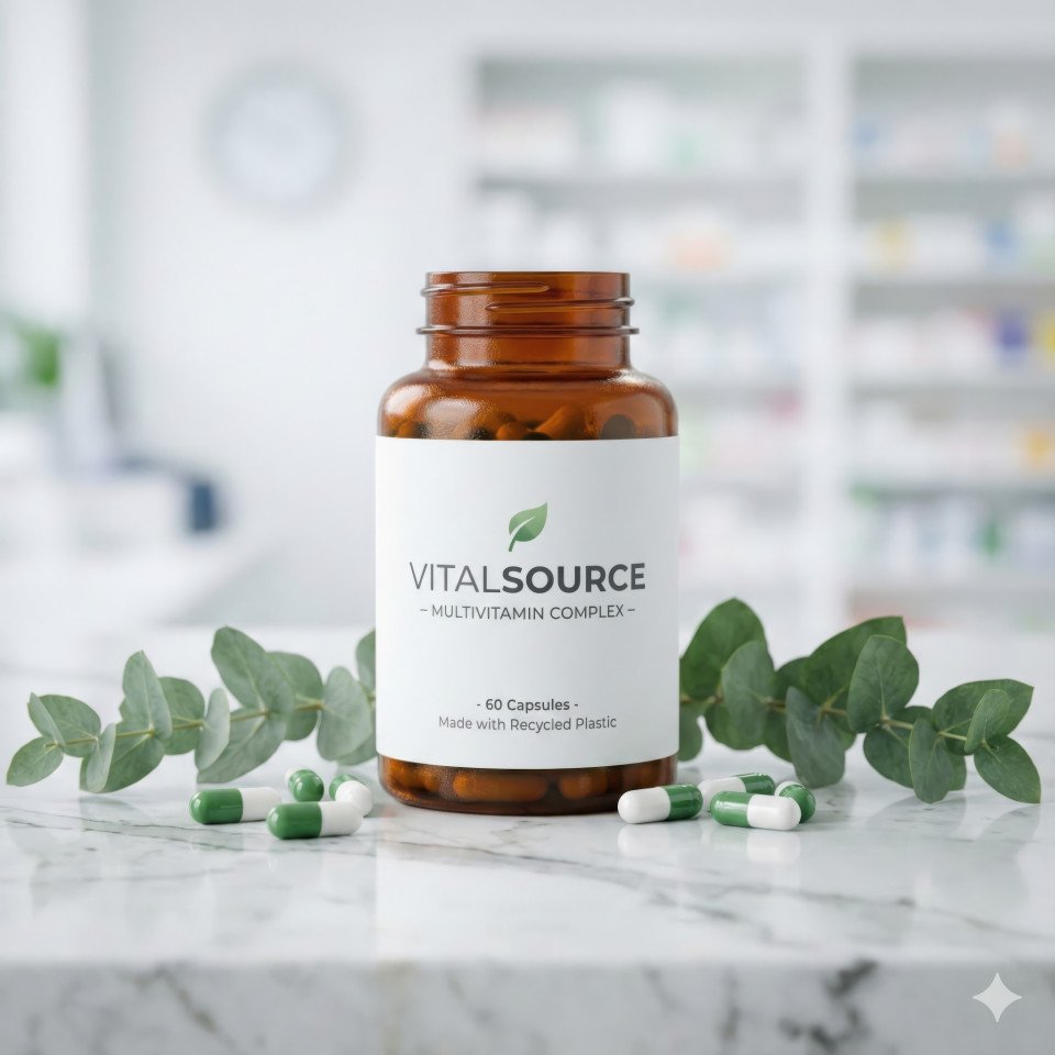 Vitamin supplement bottle on clean countertop with leaves