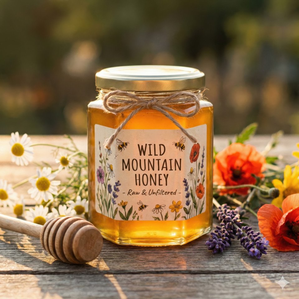 Rustic honey jar with wildflowers on wooden table
