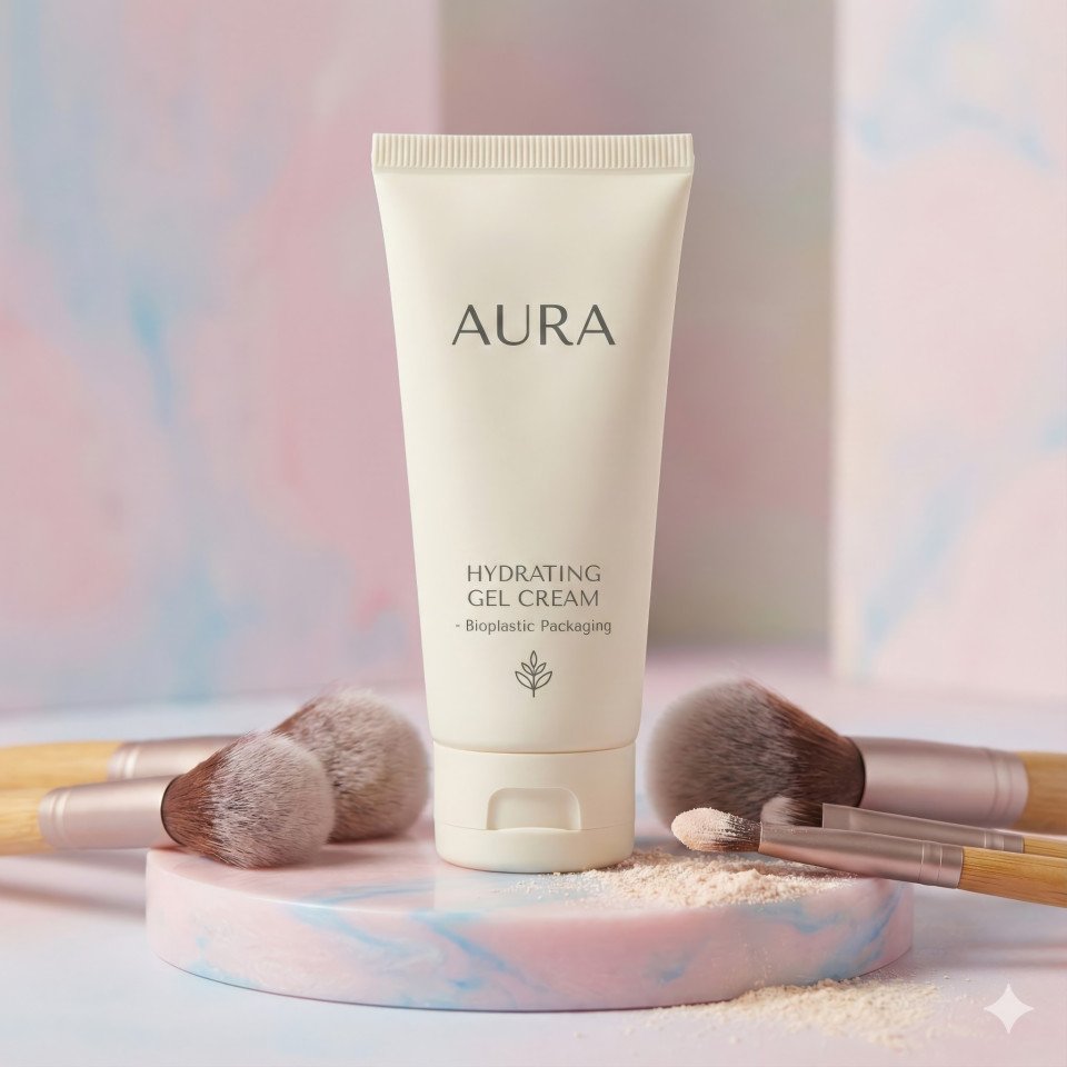 Minimal cosmetic tube on pastel podium with makeup brushes