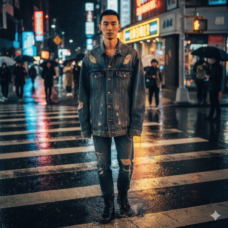 Urban night fashion portrait in neon lit city crosswalk