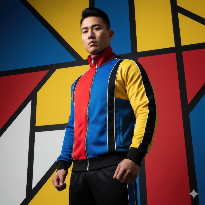 Sporty studio portrait of man in color block track jacket