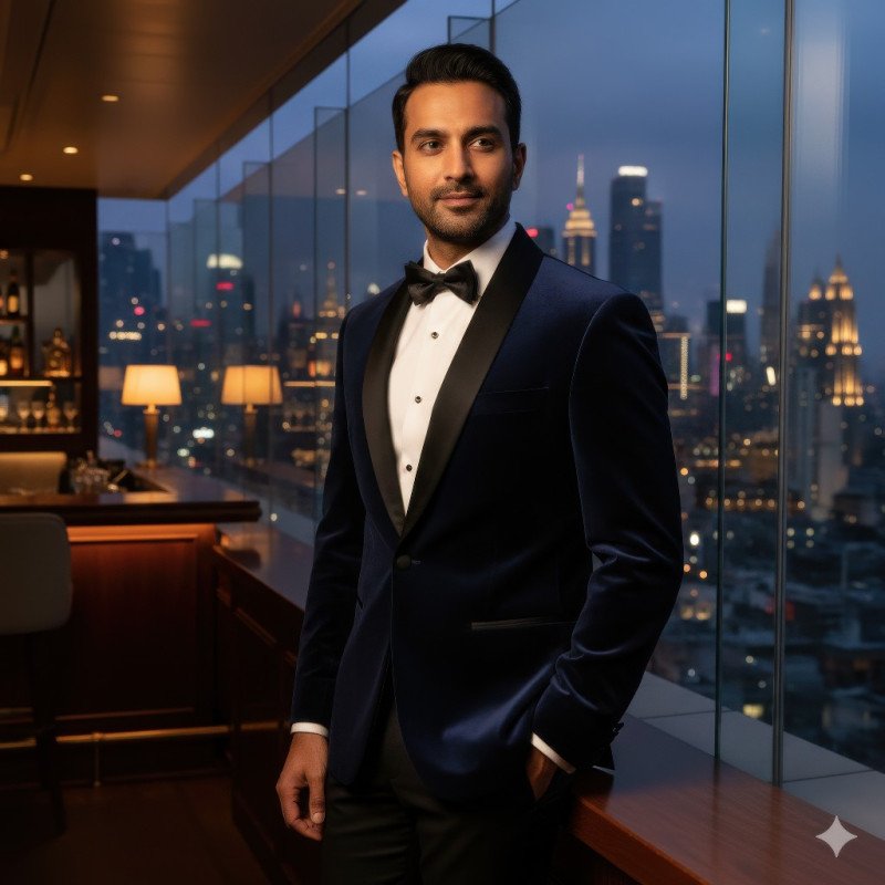 Sophisticated evening portrait of man in velvet blazer