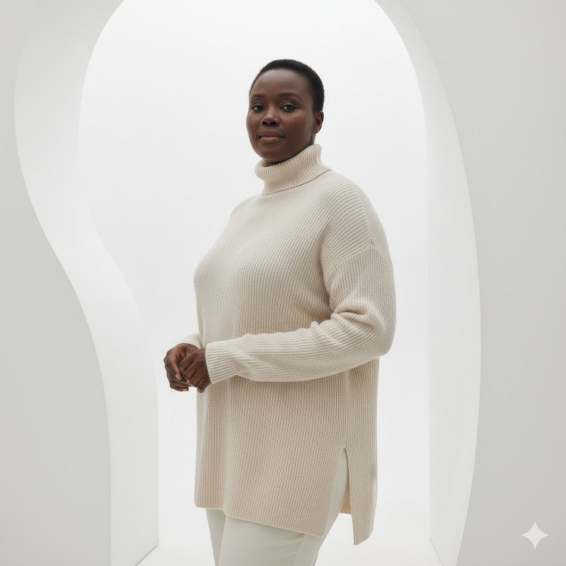 Elegant studio portrait of confident woman in cashmere sweater
