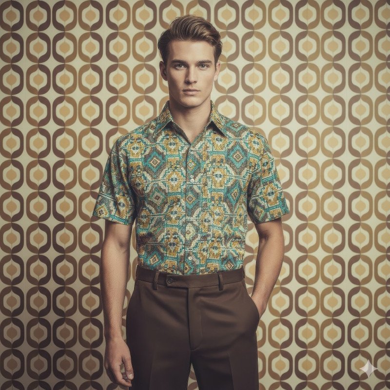Retro fashion portrait with patterned shirt backdrop
