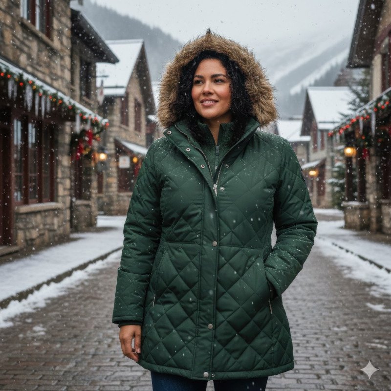 Winter lifestyle portrait of woman in mountain village