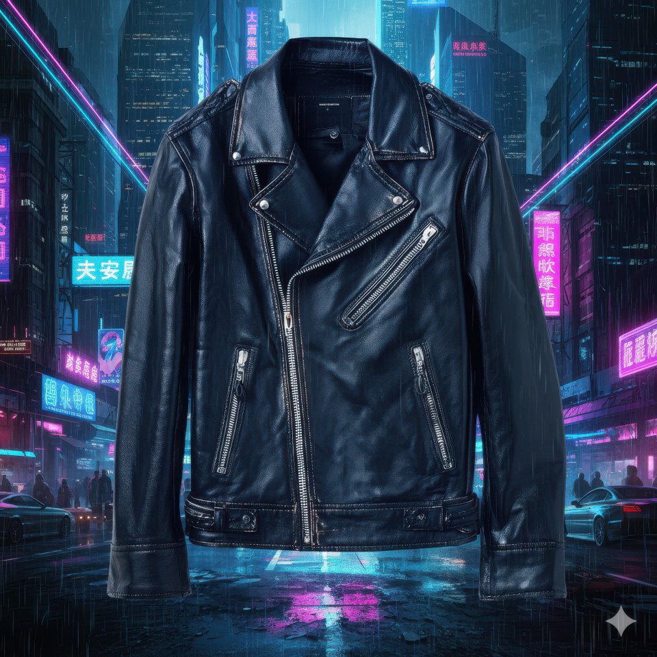 Leather jacket in futuristic neon cityscape scene