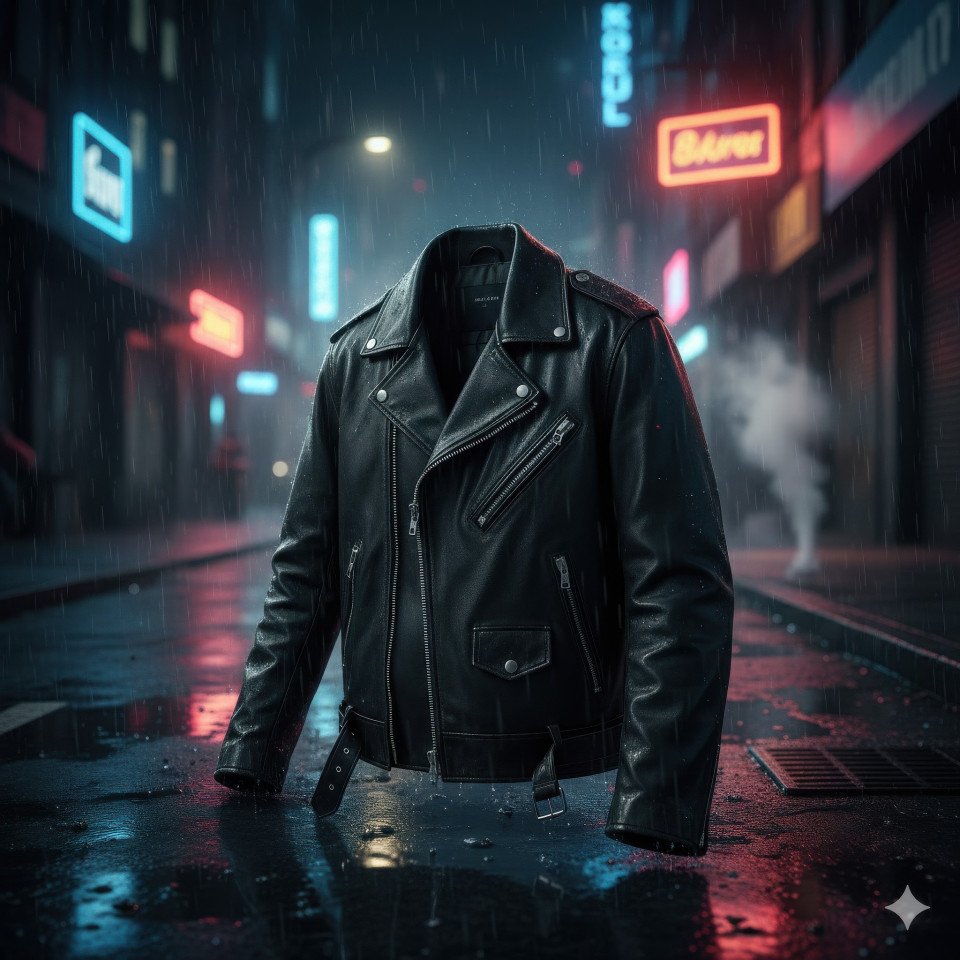 Biker leather jacket on neon lit rainy night street