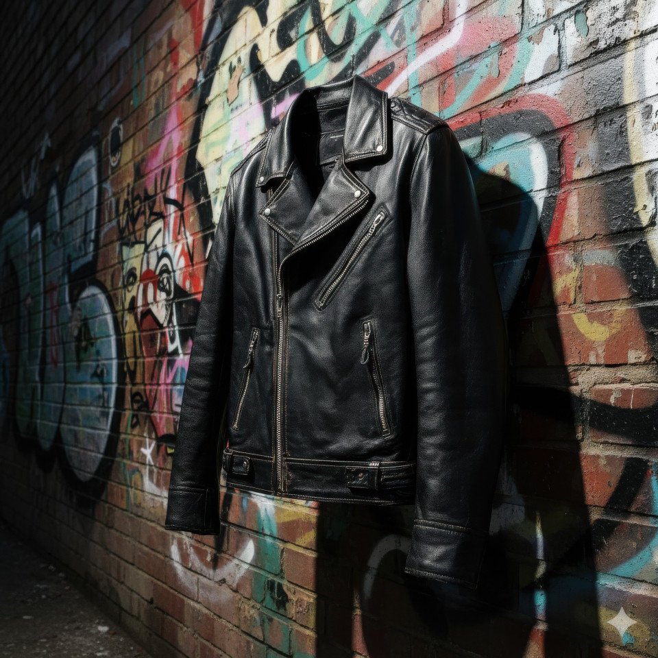 Distressed leather jacket against urban graffiti wall