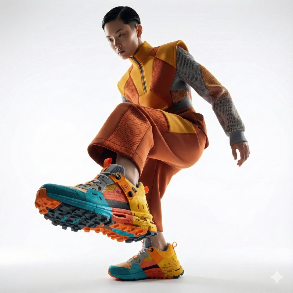 Androgynous model sneakers high fashion white studio