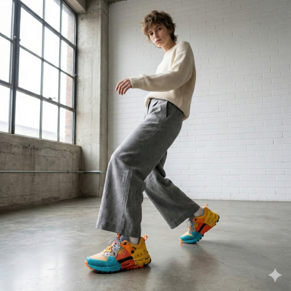 Androgynous model sneakers minimalist studio natural light