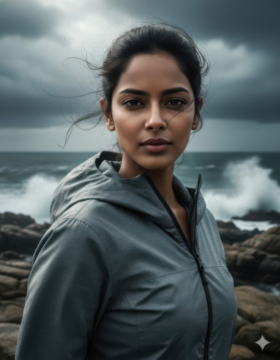 Cinematic portrait of woman in windbreaker jacket rugged coast google gemini prompt