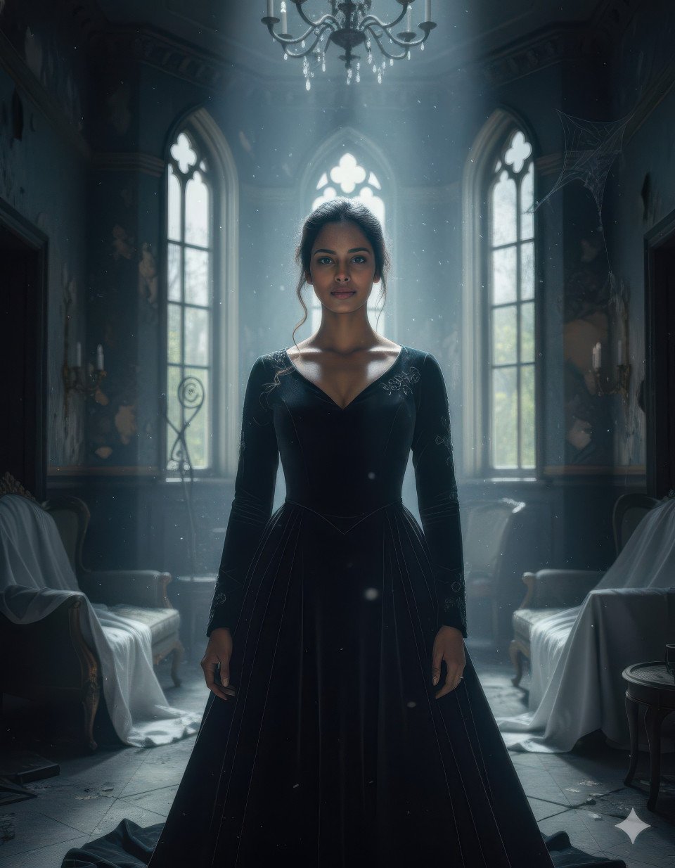 Cinematic portrait of woman in dark gown abandoned mansion google gemini prompt