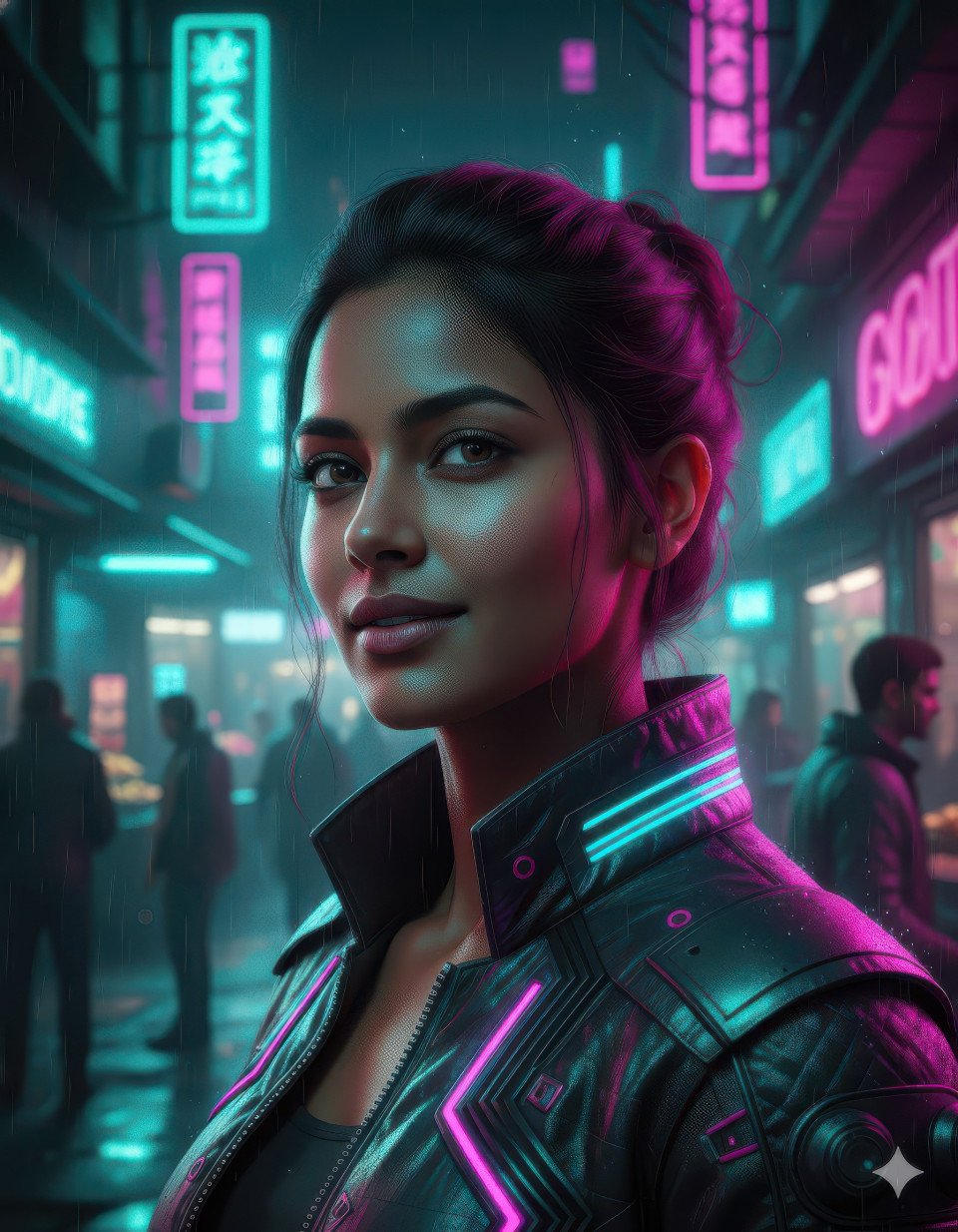 Cinematic portrait of woman in futuristic jacket neon market google gemini prompt