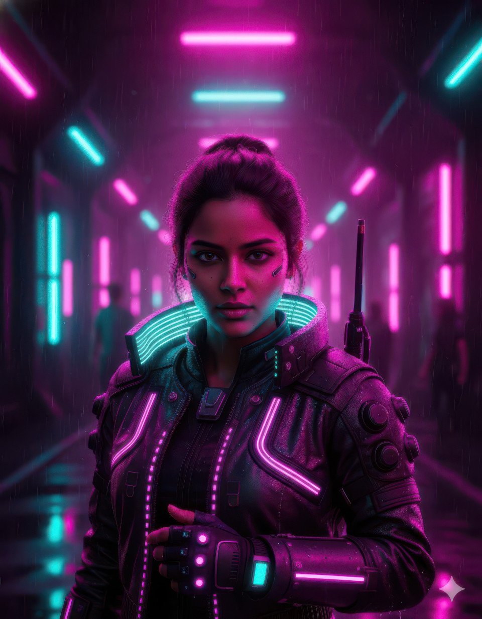Cinematic portrait of woman in cyberpunk attire futuristic tunnel google gemini prompt