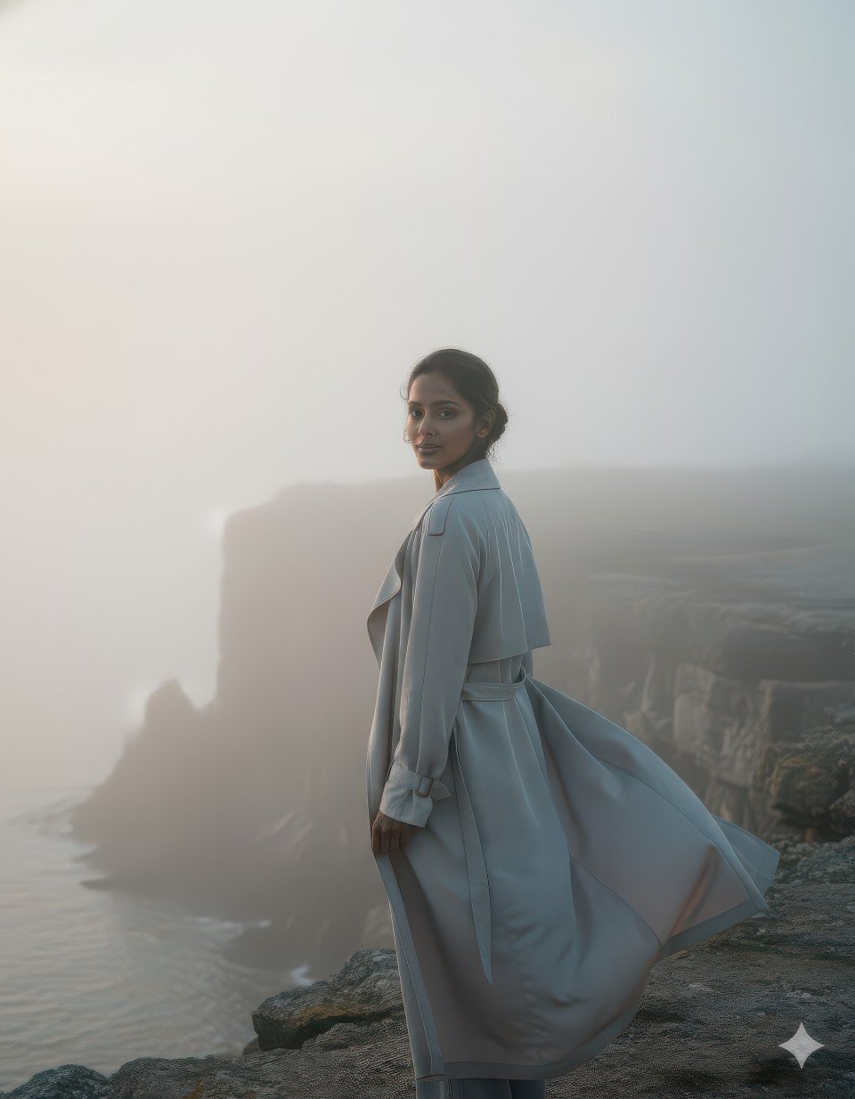 Cinematic portrait of woman in flowing trench coat foggy cliff google gemini prompt