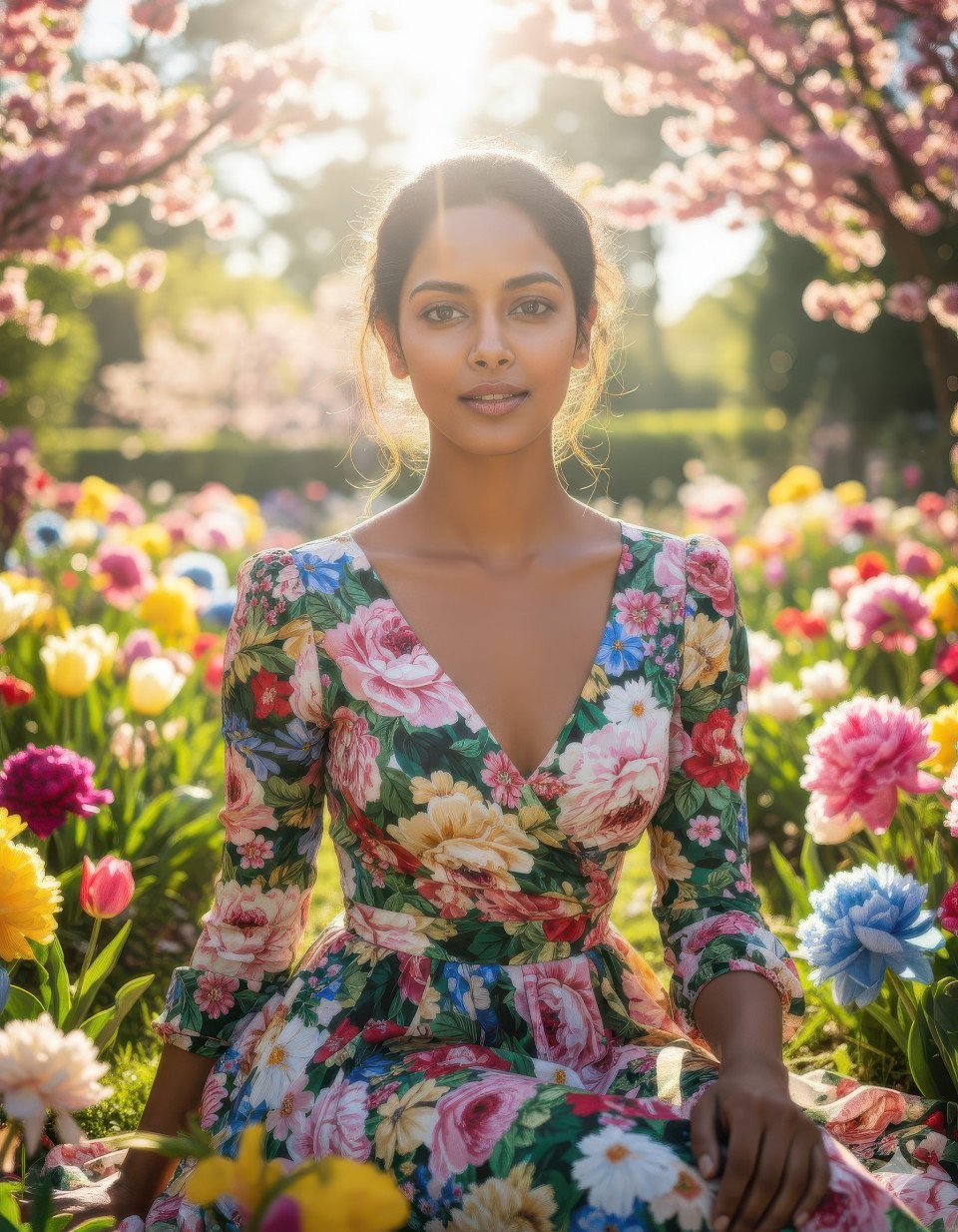 Cinematic portrait of woman in floral dress blooming garden google gemini prompt