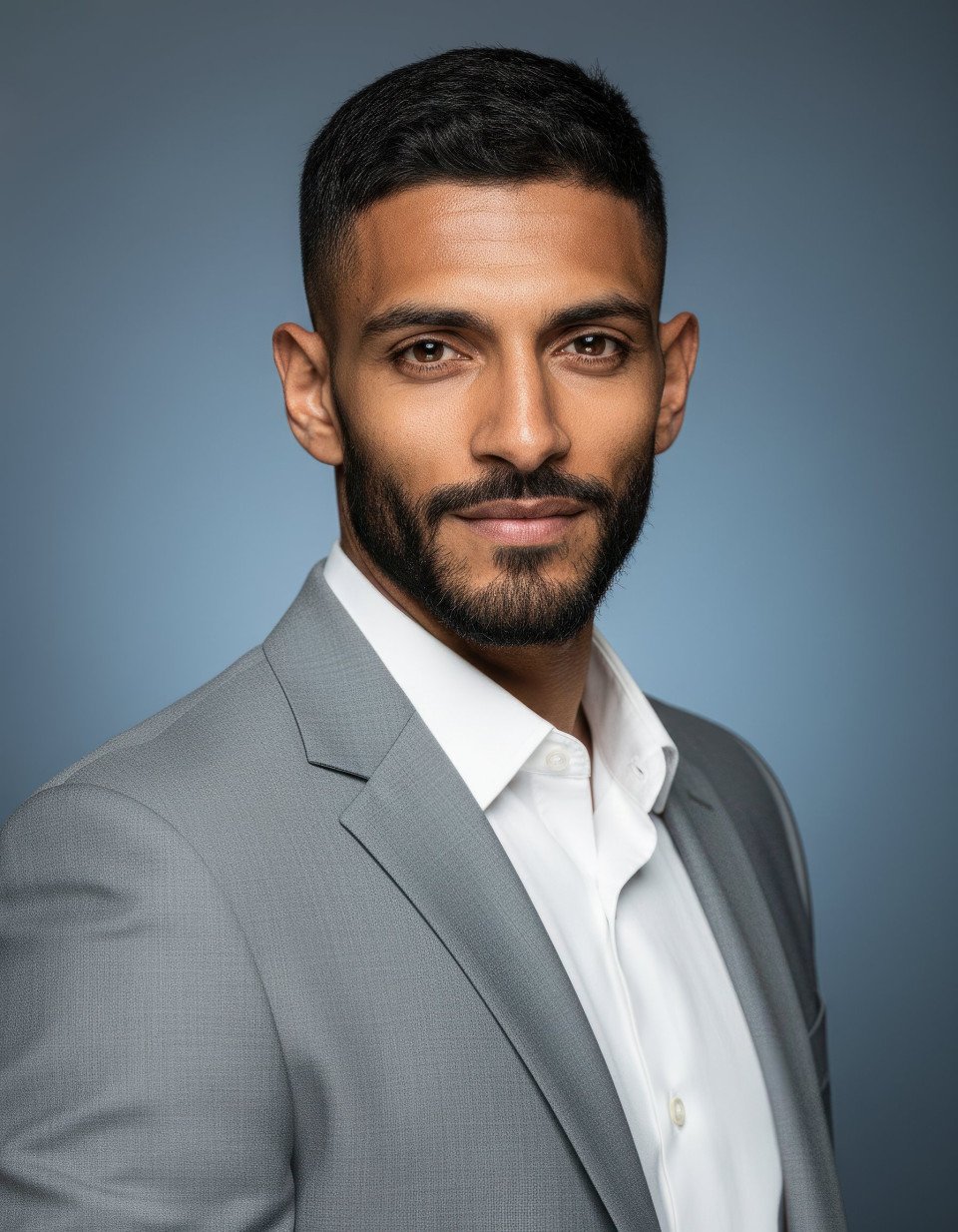 Professional business consultant portrait selfie on blue background google gemini prompt