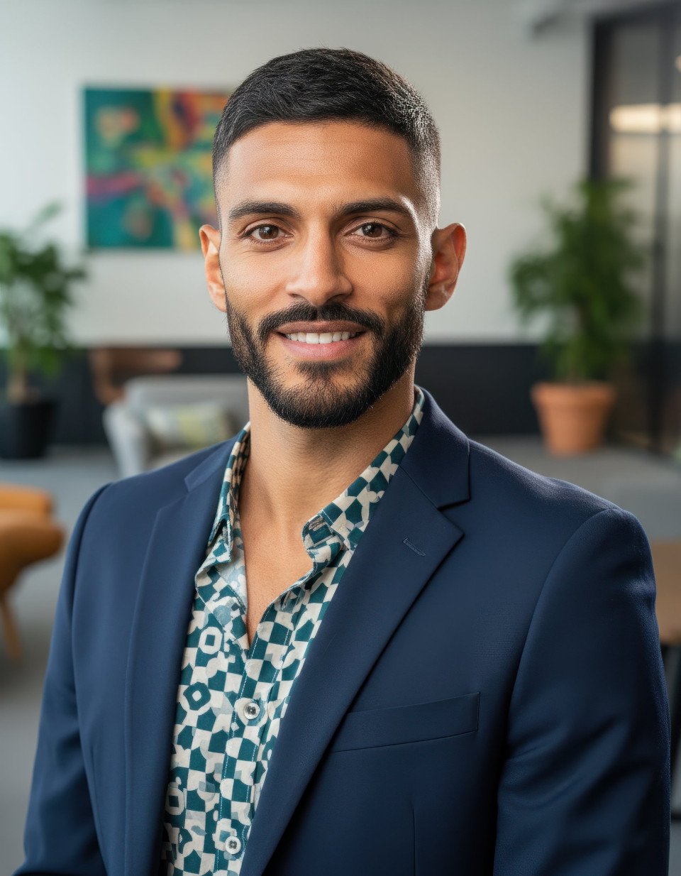 Approachable marketing manager portrait selfie at creative office google gemini prompt