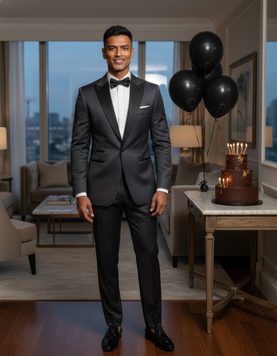 Man celebrating 35th birthday in luxury hotel suite google gemini prompt