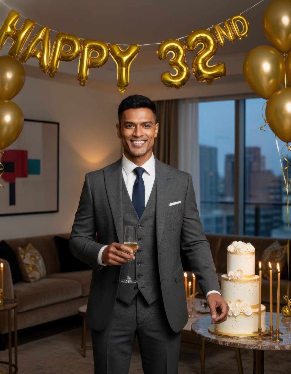 Man celebrating 32nd birthday in luxury apartment lounge google gemini prompt