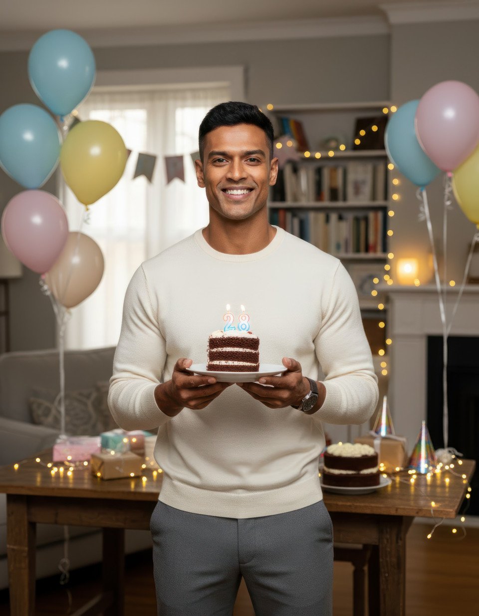 Man celebrating 28th birthday at home lifestyle celebration google gemini prompt
