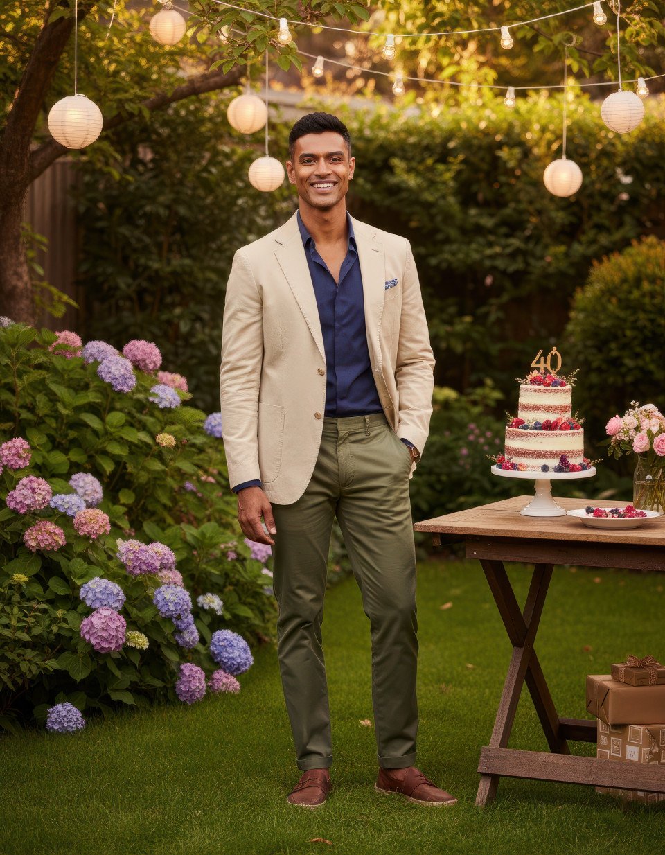 Man celebrating 40th birthday in backyard garden google gemini prompt