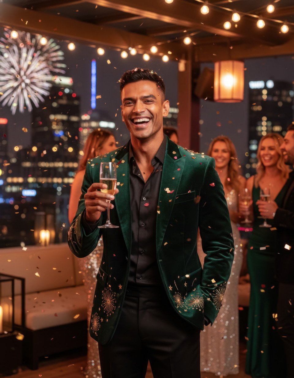 Young man celebrating new year on modern rooftop lounge google gemini prompt