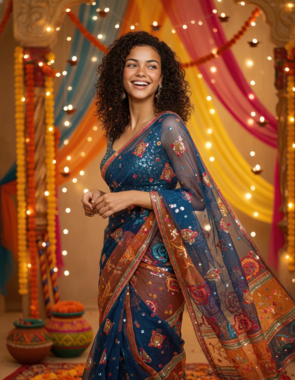 Young woman celebrating navratri in festive studio setting google gemini prompt
