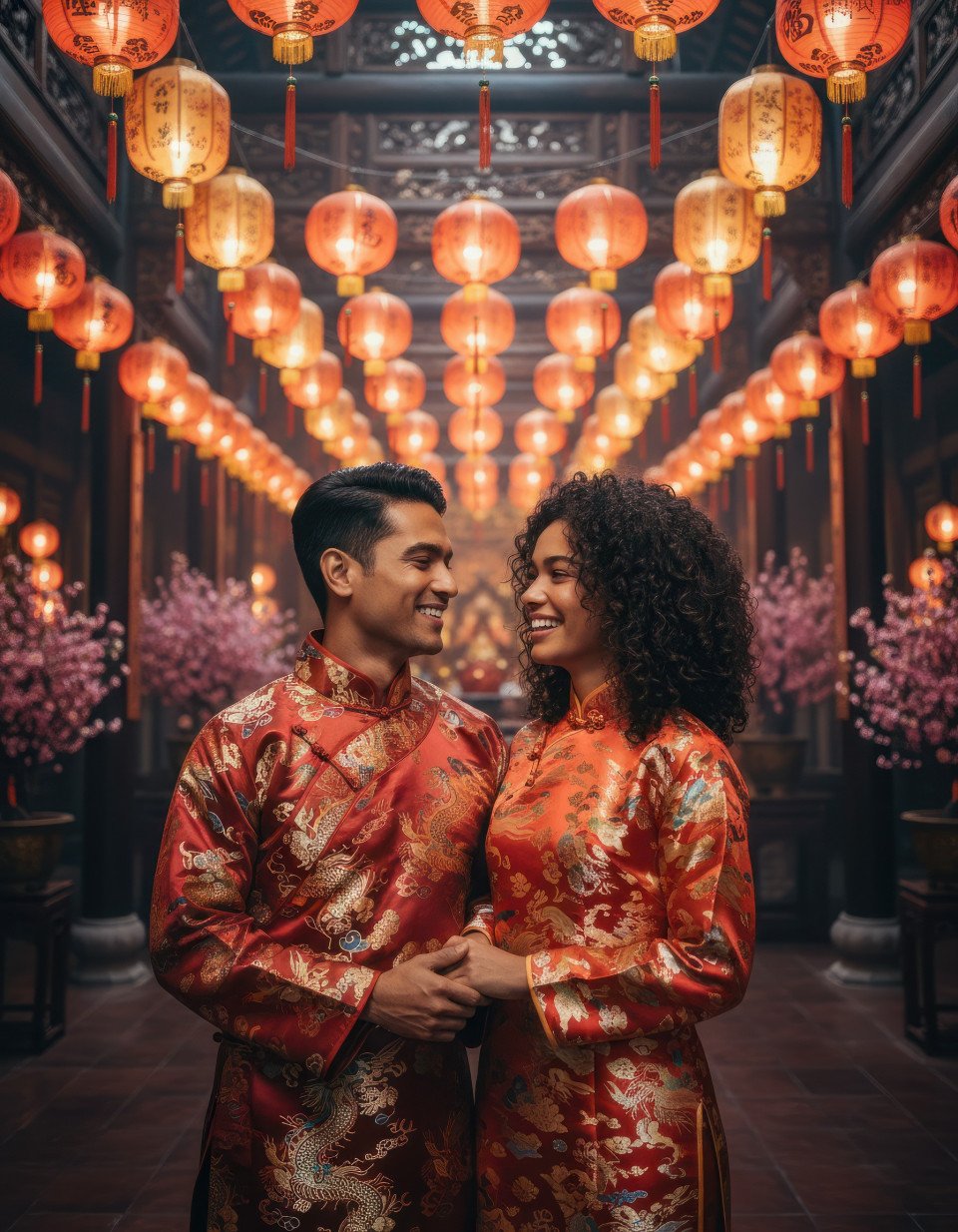 Couple celebrating lunar new year in lantern lit hall google gemini prompt