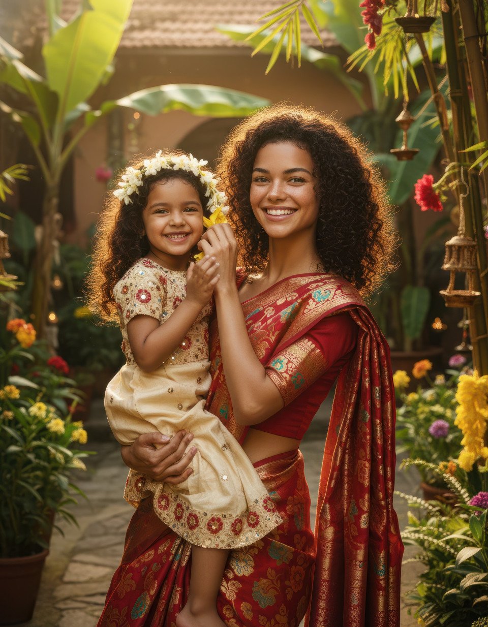 Mother and daughter celebrating bihu in garden courtyard google gemini prompt