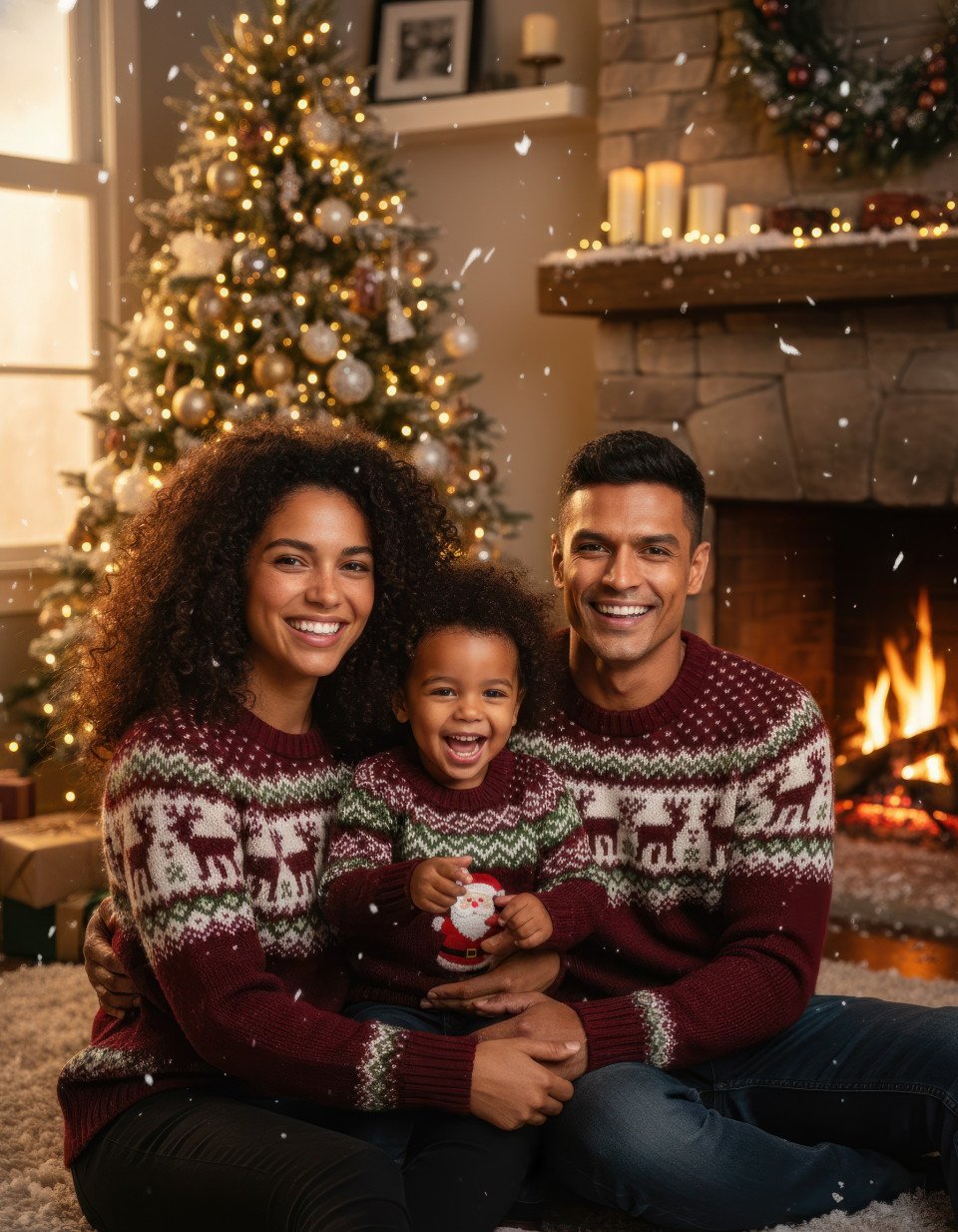 Young family celebrating christmas at home in winter setting google gemini prompt