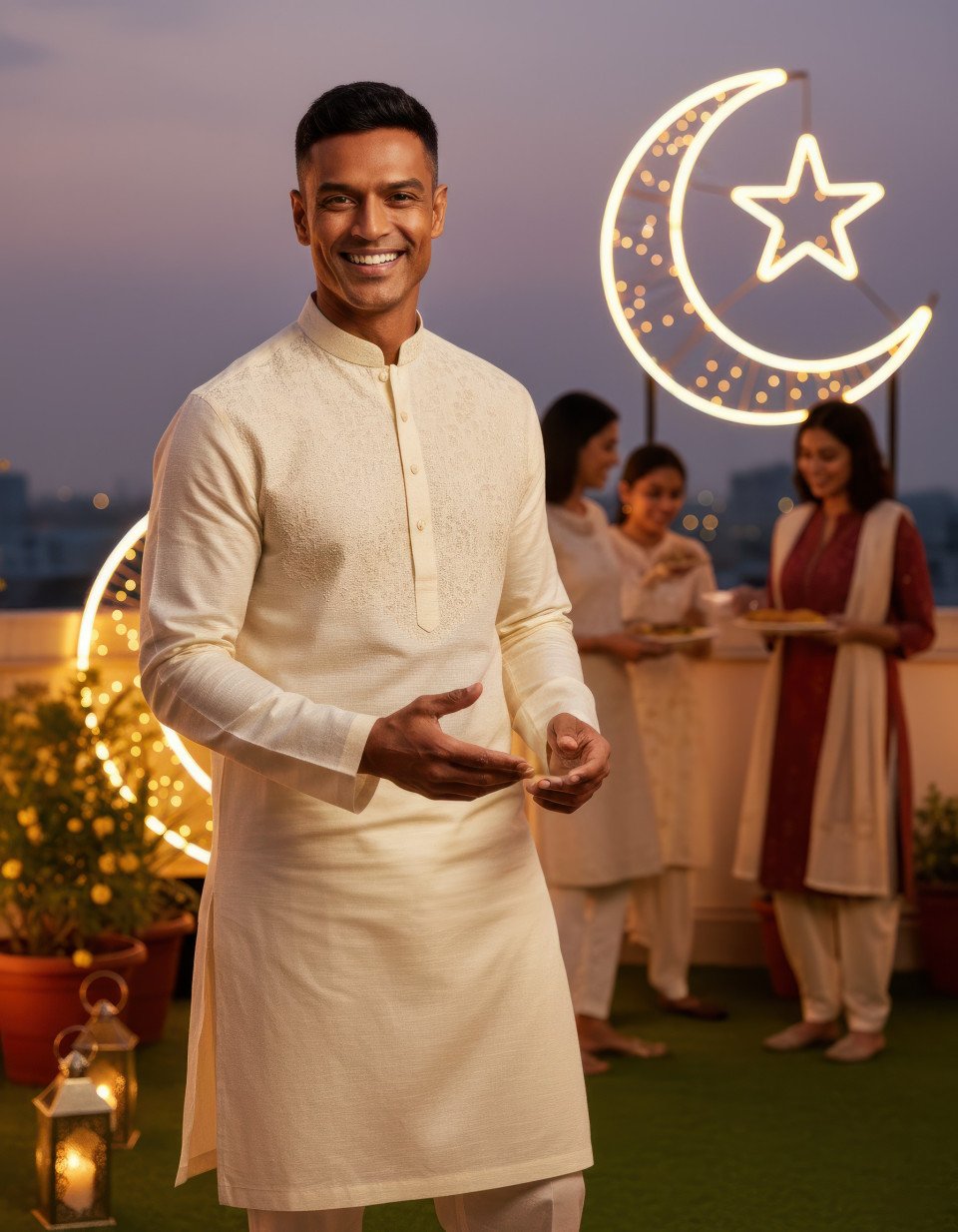 Middle aged man celebrating eid on rooftop terrace google gemini prompt